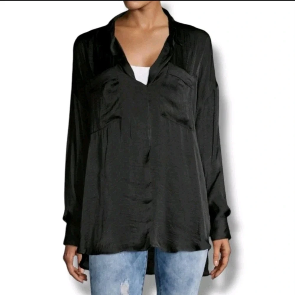 Free People Starry Dreams Top‎ Womens Size XS Oversized Pullover Blouse Black